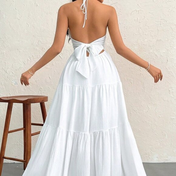 White Sexy Women's Crepe Halter Neck Tie Backless Maxi Dress - Picture 2 of 6
